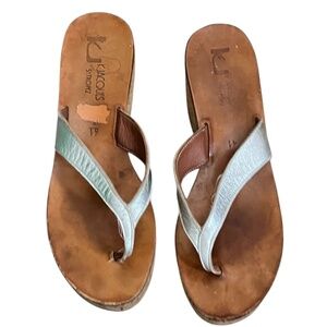 K Jacques St. Tropez Diorite silver leather thong platforms women's wedge, Sz 9